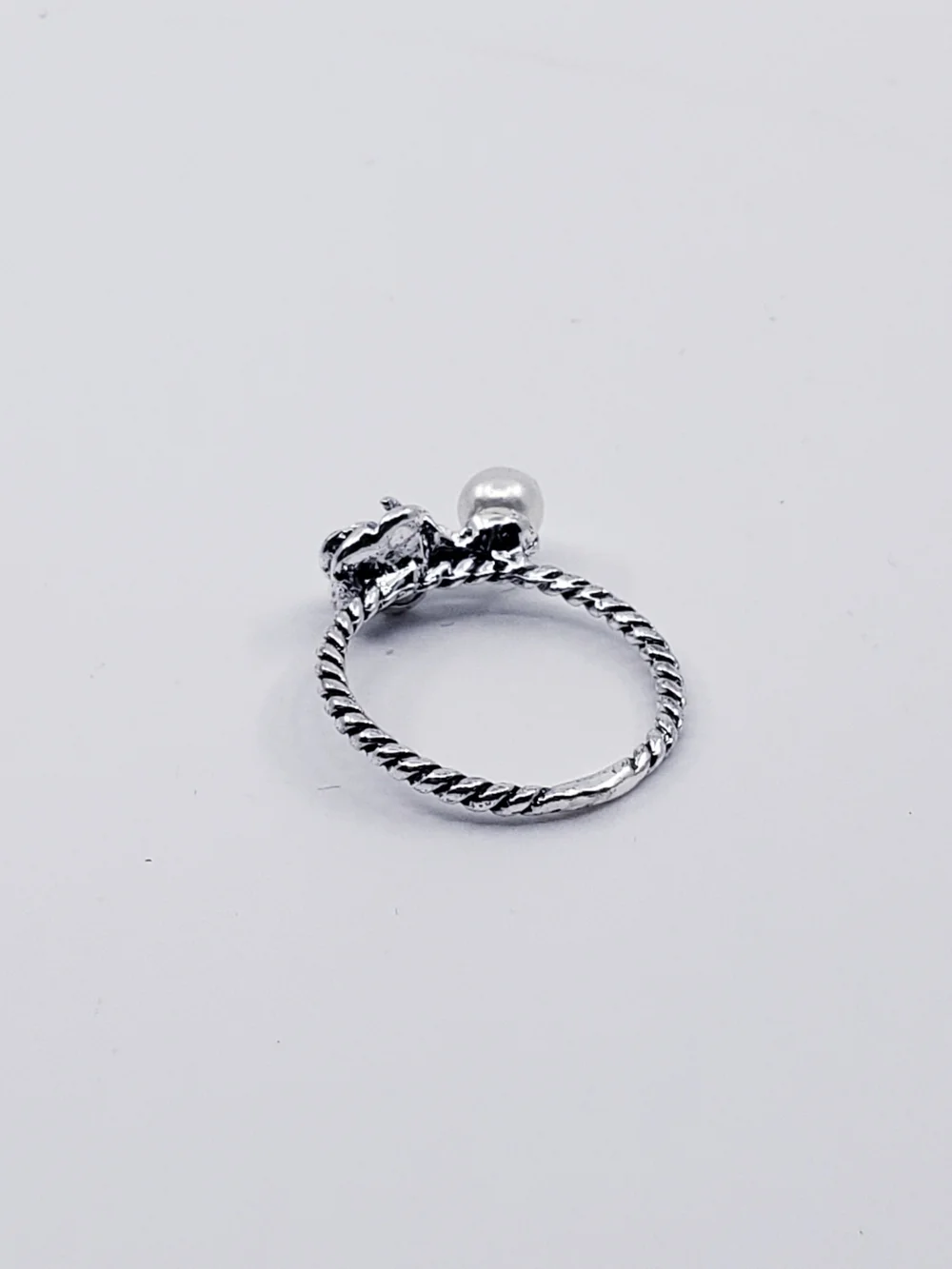 Silver Tone Rose Ring with White Pearl Accent Sz 5.25